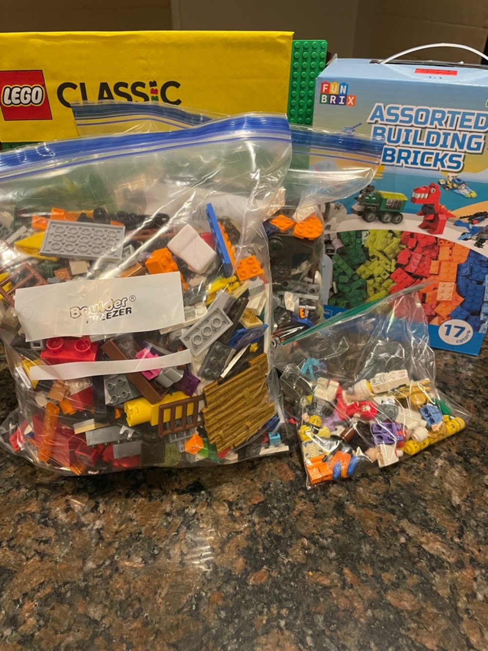 Lego Mixed Bricks and Minifigure Parts - Yellow, Red, Blue, Green, Black, White